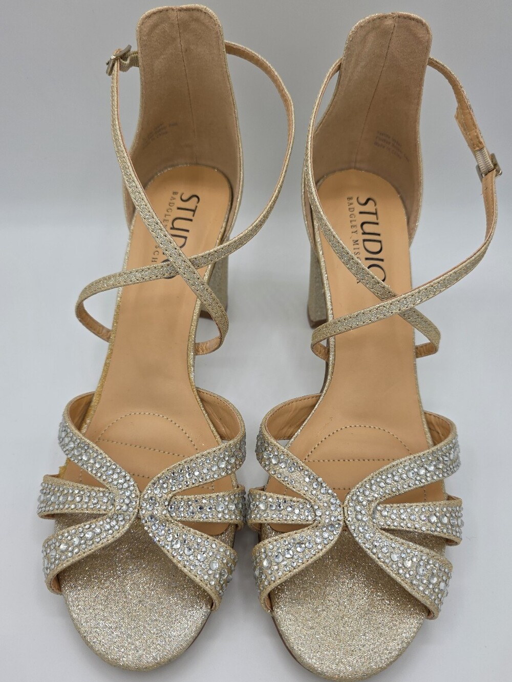 Badgley Mischka Studio Gold‎ Rhinestone Block Heel Sandals Size 10